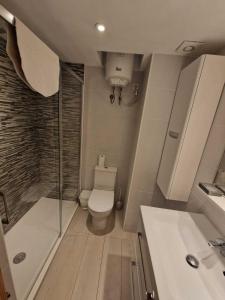 a bathroom with a toilet and a shower and a sink at Apartamento Trilo 24 in Es Pujols