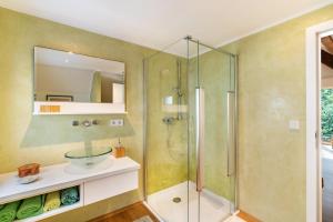 a bathroom with a shower with a glass shower stall at Architektenhaus Baden mit Studio in Weier +23 photos