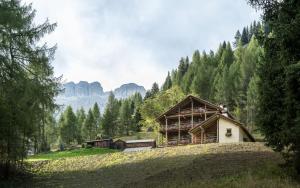 a house on a hill in the middle of a field at Dolomites Luxe Cesa Del Louf in Arabba