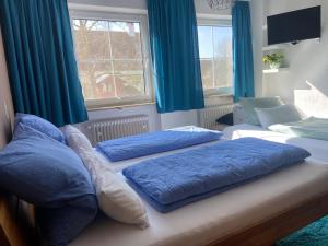a bedroom with two beds with blue pillows and a window at Hermann Ferienwohnung in Wechingen