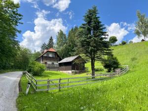 a house on a hill with a fence next to a road at Ferienhaus Maierhofer in Fischbach