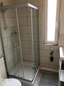 a glass shower in a bathroom with a toilet at Tiny Haus Liederbach in Alsfeld +5 photos