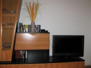 a flat screen tv sitting on top of a book shelf at Haus Mühlgrund in Bad Wildbad