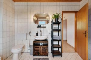 a bathroom with a sink and a mirror and a toilet at Ferienhäusl in Eschlkam +19 photos