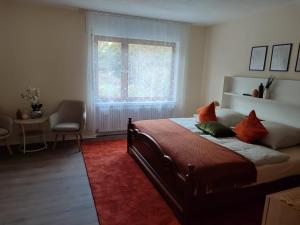 a bedroom with a large bed and a window at Haus Milaneva in Klotten