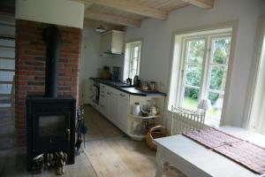 a kitchen with a stove and a brick wall at Kate unter Reet im Grünen in Buchholz