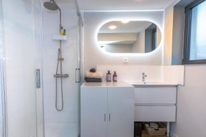 a bathroom with a shower and a sink and a mirror at Appart bureau in Le Touvet +14 photos