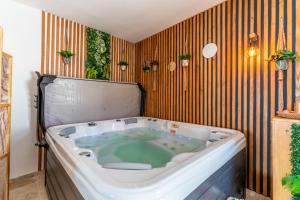 a jacuzzi tub in a room with a striped wall at Une parenthèse en luberon, jacuzzi in Les Taillades +12 photos