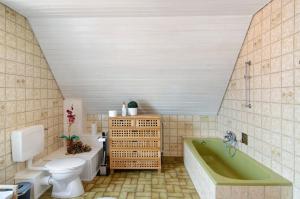 a bathroom with a green tub and a toilet at Ferienhaus Gerda Wohnung 2 in Westochtersum +19 photos