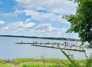 a dock on a lake with boats in the water at Ferienwohnung an der Schlei oben in Fleckeby