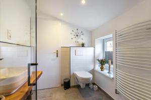 a bathroom with a toilet and a sink and a tub at Ferienwohnung an der Schlei oben in Fleckeby +24 photos