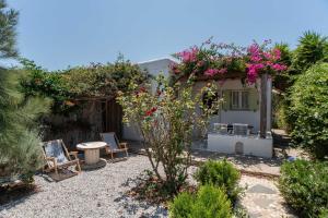 a garden with chairs and a table and flowers at Green Retreats 1 Paros in Isterni