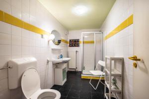 a bathroom with a toilet and a sink at Ferienwohnung Reet op de Eck in Bargenstedt +15 photos