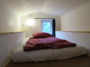 a bedroom with a bed with red sheets and a window at Strandhaus am Oberuckersee in Warnitz