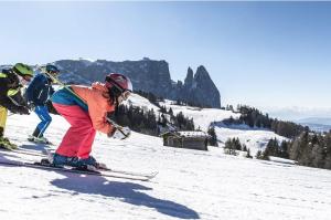 two people are skiing down a snow covered slope at Mysciliar Apartment Tree I in Siusi