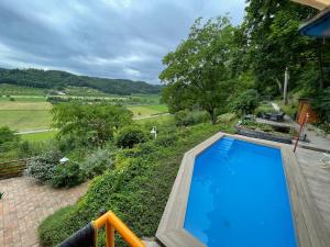 a swimming pool on a patio with a view of a field at Ferienparadies Bodensee Fewo2 in Billafingen