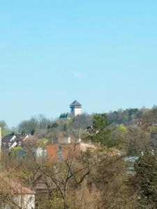 a water tower on top of a hill with trees at Bloom Olive Apartment in Trenčín