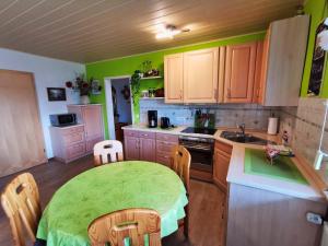 a kitchen with a table and a kitchen with green walls at Zur schönen Aussicht in Schotten