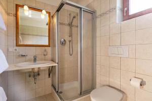 a bathroom with a shower and a toilet and a sink at Peintenhof Typ A in Sand in Taufers +14 photos