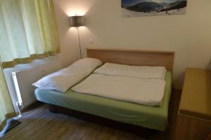Dormitorio pequeño con cama con lámpara en Ferienwohnung Loitfelder-Pang, en Saalbach Hinterglemm