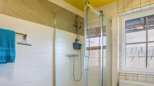 a shower with a glass door in a bathroom at Fewo Fuchs in Lauterbach +37 photos