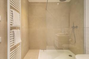 a bathroom with a shower and a tub and a toilet at Schloss Kirchberg -Appartment Fleur in Immenstaad am Bodensee +25 photos