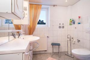 a bathroom with a sink and a toilet and a window at Ferienwohnung Marschall in Achberg +12 photos