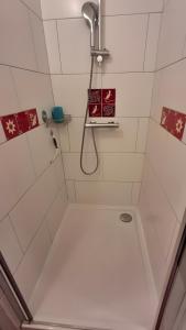 a shower with a shower head in a bathroom at Chambres D'hôtes Le Bellevue - in Montbrun-les-Bains