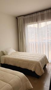a bedroom with two beds and a large window at Casa Sto Domingo terraza PB 3KM del centro in Oaxaca City