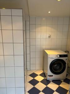 a washing machine in a bathroom with a tiled wall at Ferien- und Gästehaus Jockgrim in Jockgrim