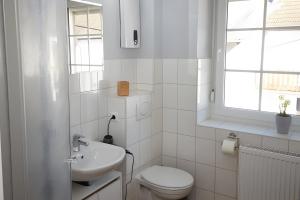 a white bathroom with a toilet and a sink at Ferienhaus Eifelträume, Birresborn in Birresborn +11 photos