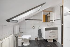 a white bathroom with a toilet and a sink at Ferienwohnung Dani in Koetz  +29 photos
