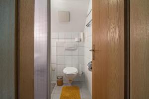 a small bathroom with a toilet and a door at Ferien Alm Alfret in Herrischried +37 photos