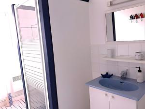 a bathroom with a blue sink and a mirror at Chambre D'hôtes Agapanthe in Feytiat +20 photos