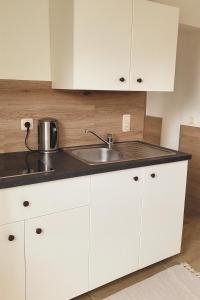 a kitchen with white cabinets and a sink at Monteurzimmer24-Leuna in Leuna