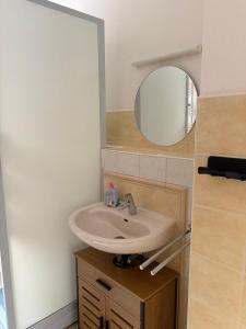 a bathroom with a sink and a mirror at Wohnung Weida 2 in Riesa +6 photos