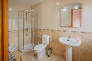 a bathroom with a toilet and a sink and a shower at Los Mirlos in Navaluenga +20 photos