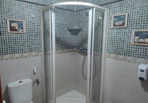 a shower stall in a bathroom with blue tiles at Agroturismo El Serrano in Moratalla +29 photos