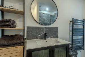 a bathroom with a sink and a mirror at Gite Berclois in Bercloux +14 photos