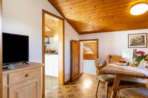 a living room with a television and a table and chairs at Pardellerhof Tschafonblick in Campodazzo