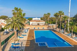 a swimming pool with palm trees and blue lounge chairs at Sa Perdiu 14 Menorca in Cala Santandria