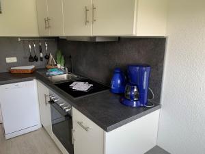 a kitchen with a blue blender on a counter at Ferienwohnung Halvar in Maasholm +15 photos