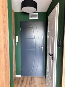 a hallway with a blue door and green walls at elli apartament Sieradz in Sieradz