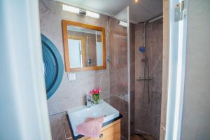 a bathroom with a sink and a shower at Luxuriöses Hausboot Roma Woma D13 in Fürstenberg