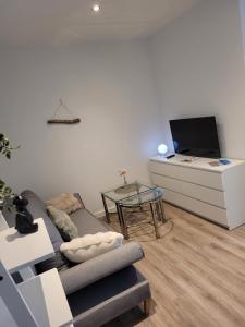 a living room with a couch and a tv at Rike in Oesterdeichstrich
