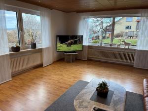 a living room with a flat screen tv and windows at Ferienwohnung Janz Jürgen und Bianka in Oberelsbach