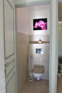 a bathroom with a toilet and a picture on the wall at T2 Le Bougainvillier Cassis in Cassis