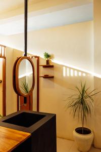 a room with a mirror and a potted plant at Malkoha Studios in Dickwella