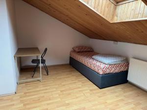 a room with a bed and a desk in a attic at Spacious Rooms Near Center in Ljubljana