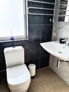 a bathroom with a white toilet and a sink at GMM Namai in Palanga +11 photos